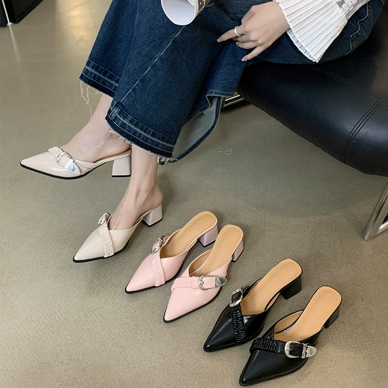 Fortune One Foot Covered Toe Half Slippers Women 2024 New Style Korean Chunky Heel Shallow Mouth Mules Shoes for Dress Single Shoes Women