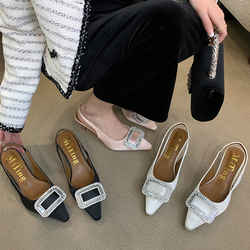 Mitin Rhinestone Square Buckle Closed Toe Sandals Women 2024 Spring New Pointed Toe High Heel Shoes with Dress Elegant