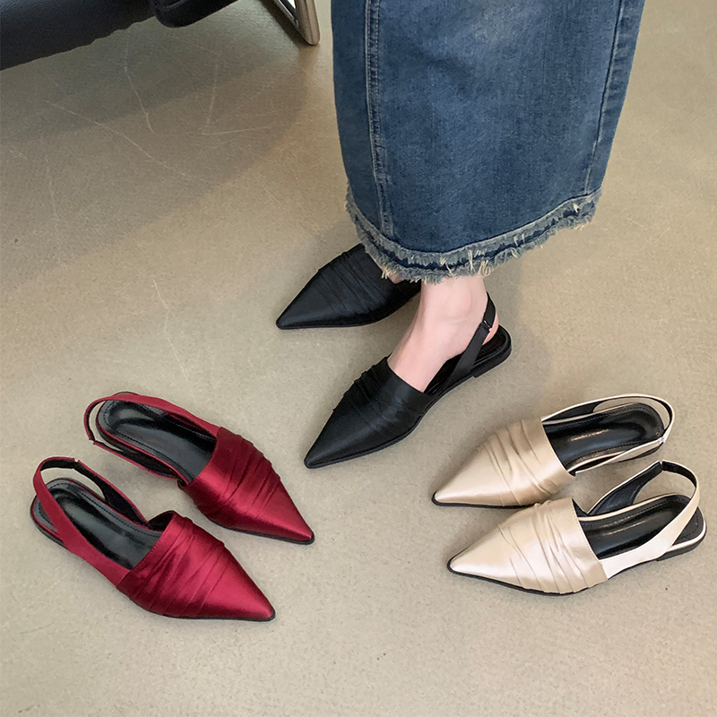Fortune Pointed Toe Open Back Slippers Women Summer 2024 New Satin Silk Flat Shoes Versatile Half Slippers