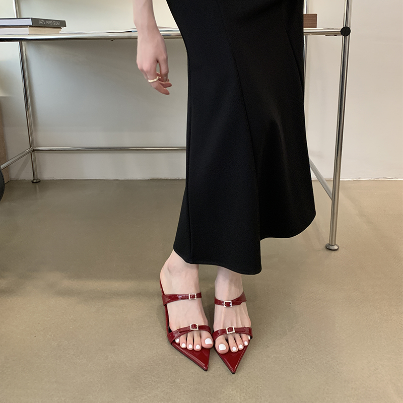 Women's Pointed Toe Flat Beach Sandals 2024 Minimalist Red Thin Strap Open Toe Elegant Shoes - Image 4