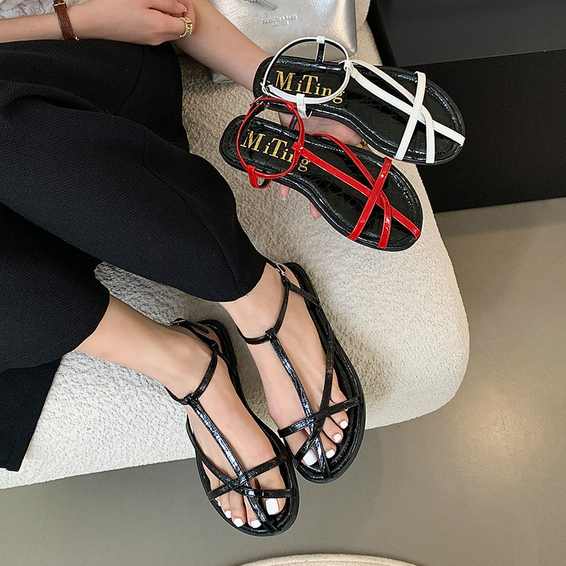 Miting 2024 Summer New Flat Cross Strap Roman Sandals Women Thin Strap Buckle Retro Flat Sandals