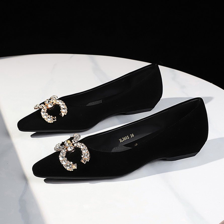 Fashion Metal Rhinestone Buckle Suede Shallow Pointed Grandma Shoes Commute Wedge Heel Women's Flats