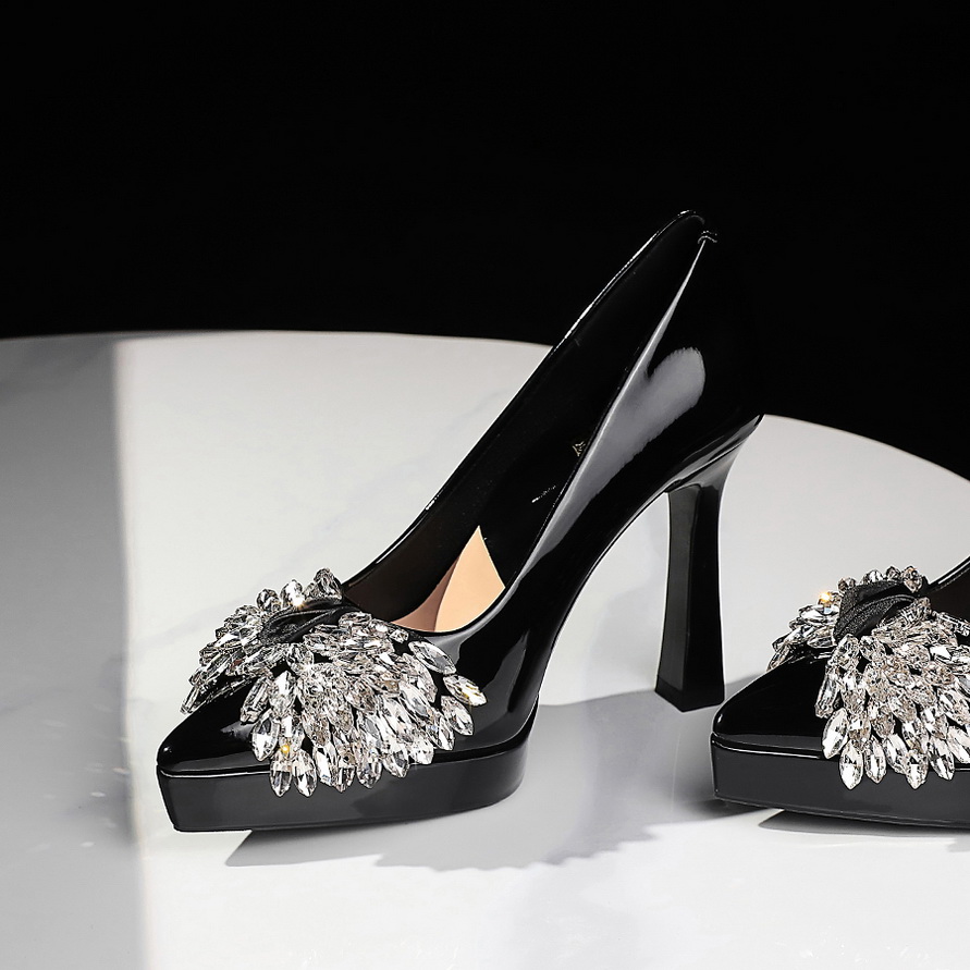 European American Style Pointed Toe High Heel Shoes with Bow Rhinestone Patent Leather Platform