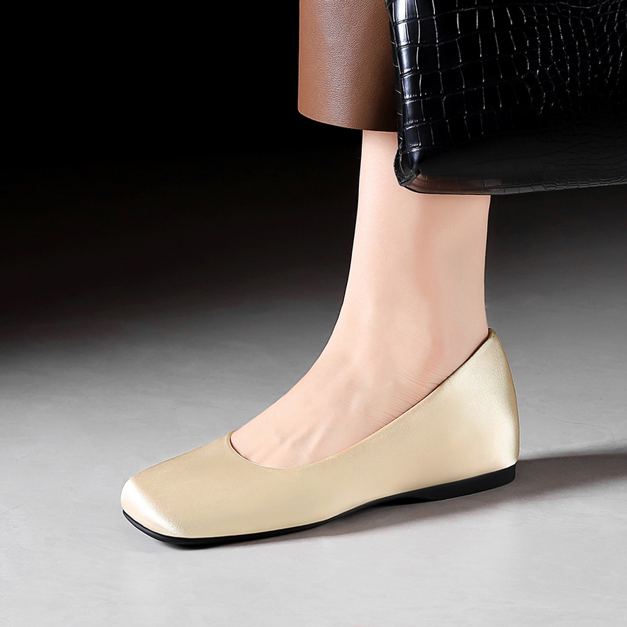French Style Women's Elegant Satin Square Toe Slip-On Low Heel Casual Shoes with Hidden Height Increase