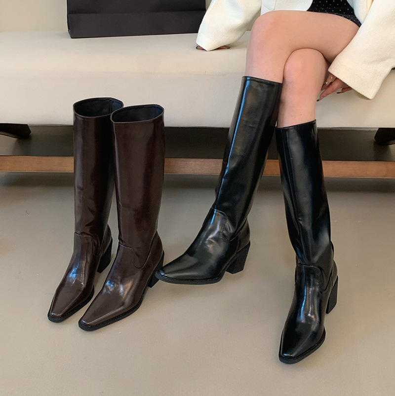 HMSZ Women's Chunky Heel Tall Boots 2026 Autumn Winter New Square Toe High Heel Over-the-Knee Boots