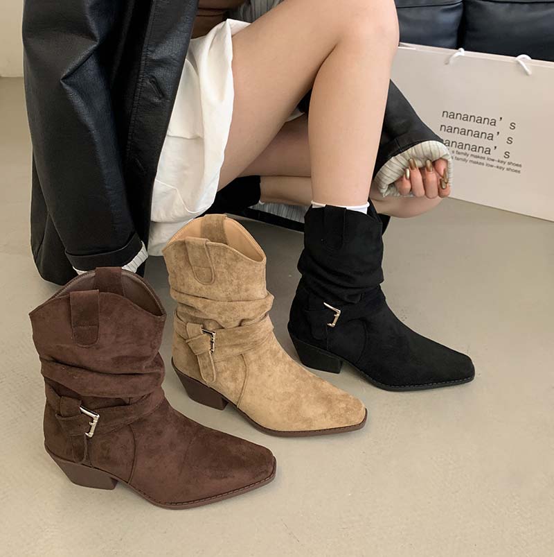 2026 New Retro Suede V-Cut Western Cowboy Boots for Women High Heel Pointed Toe Mid Calf Boots with Belt Buckle Stacked Heel