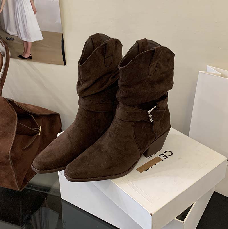 2026 New Retro Suede V-Cut Western Cowboy Boots for Women High Heel Pointed Toe Mid Calf Boots with Belt Buckle Stacked Heel - Image 3