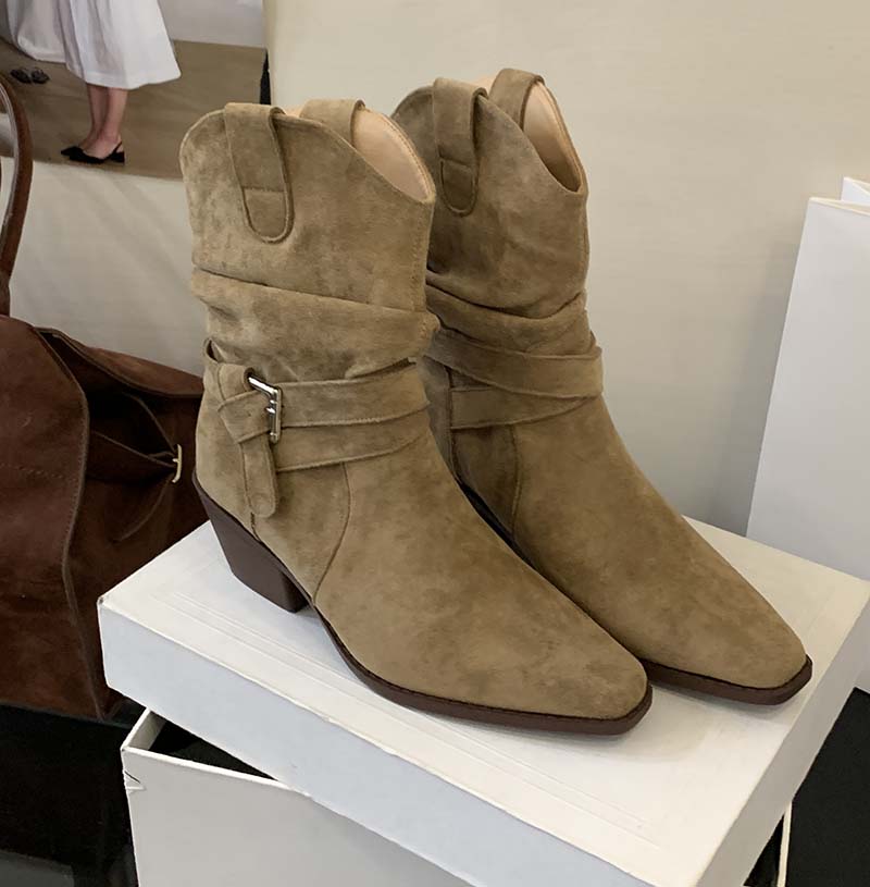 2026 New Retro Suede V-Cut Western Cowboy Boots for Women High Heel Pointed Toe Mid Calf Boots with Belt Buckle Stacked Heel - Image 4