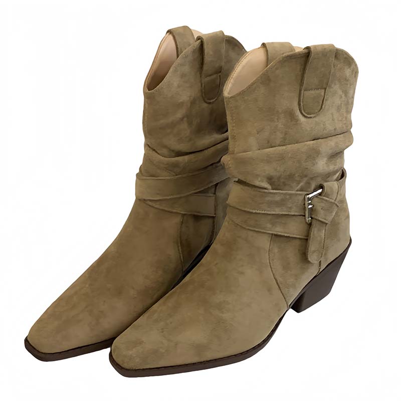 2026 New Retro Suede V-Cut Western Cowboy Boots for Women High Heel Pointed Toe Mid Calf Boots with Belt Buckle Stacked Heel - Image 5