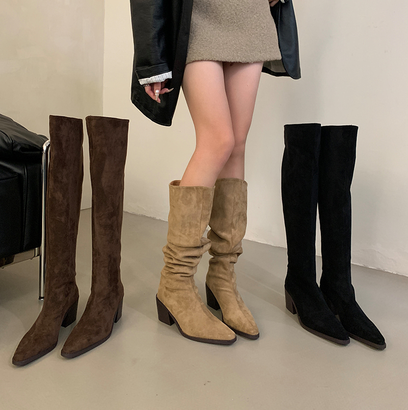 HMSZ Suede Over Knee Boots for Women Chunky Heel Khaki Black Coffee Retro Stacked Boots