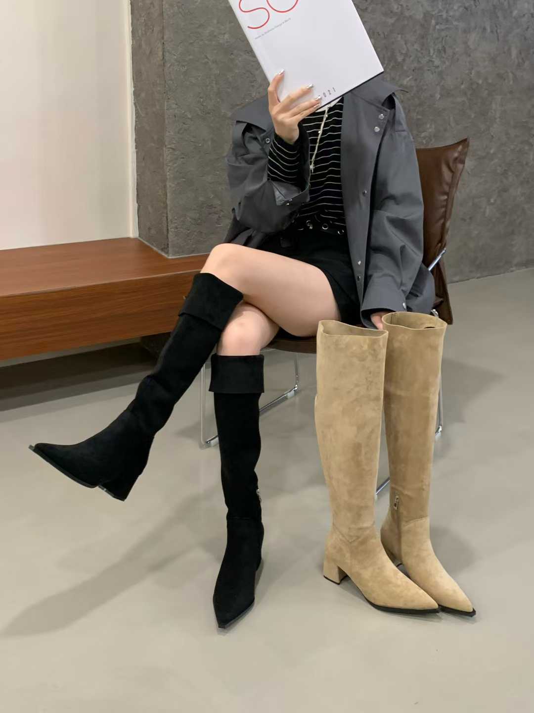 2026 Autumn Winter New Chunky Heel Pointed Toe Stacked Boots Side Zipper Two-Way Long Boots Over Knee Women's Boots