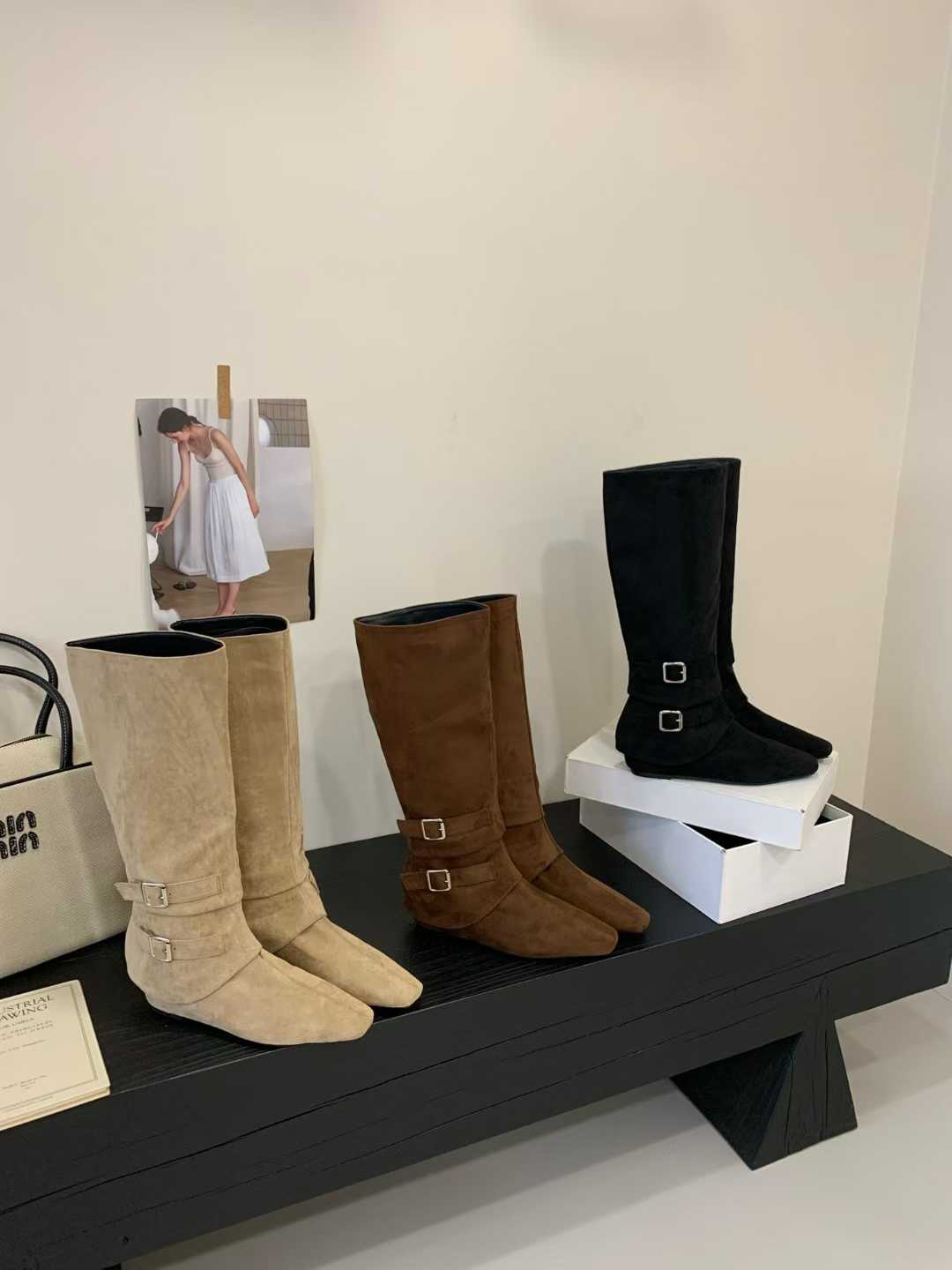 2026 Autumn Winter New Pointed Toe Over Knee Boots with Buckle and Wedge Heel for Women Brown Suede