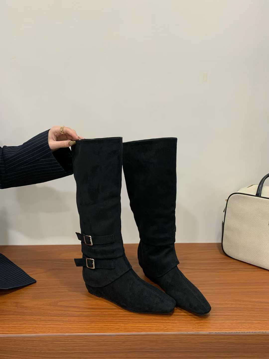 2026 Autumn Winter New Pointed Toe Over Knee Boots with Buckle and Wedge Heel for Women Brown Suede - Image 2