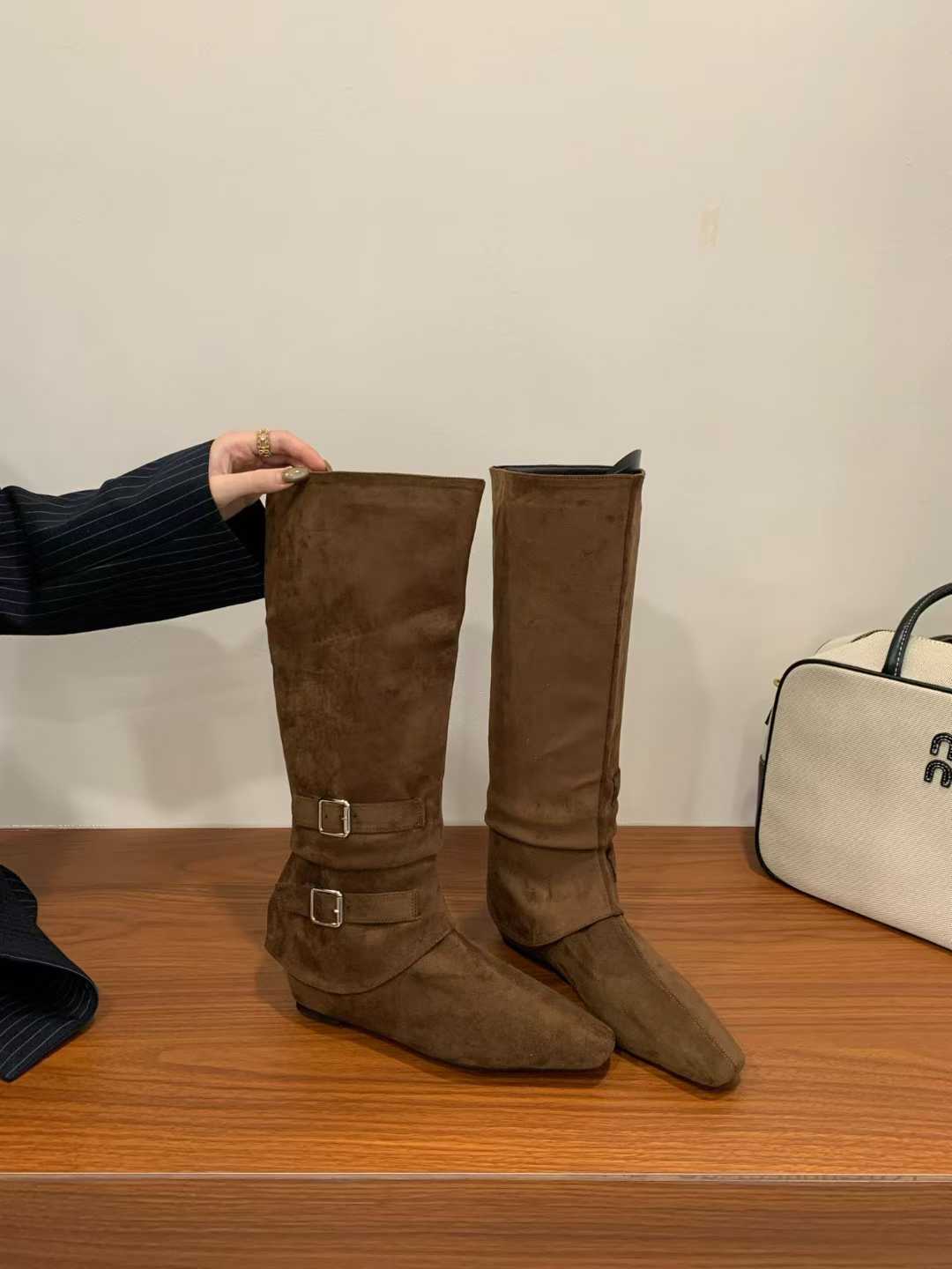 2026 Autumn Winter New Pointed Toe Over Knee Boots with Buckle and Wedge Heel for Women Brown Suede - Image 4