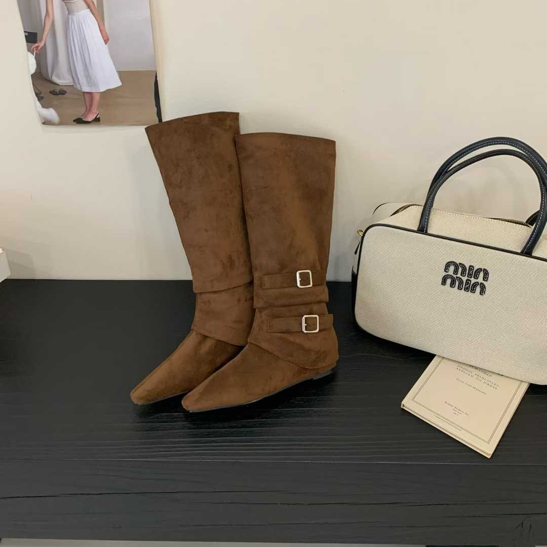 2026 Autumn Winter New Pointed Toe Over Knee Boots with Buckle and Wedge Heel for Women Brown Suede - Image 5