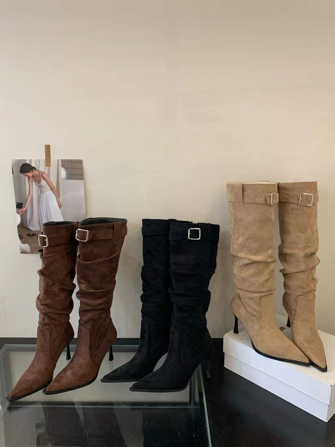Sexy Pointed Toe Suede Folded Stack Boots Women High Heel Fashion Belt Buckle Tall Slim Boots Thin Heel European American Long Boots